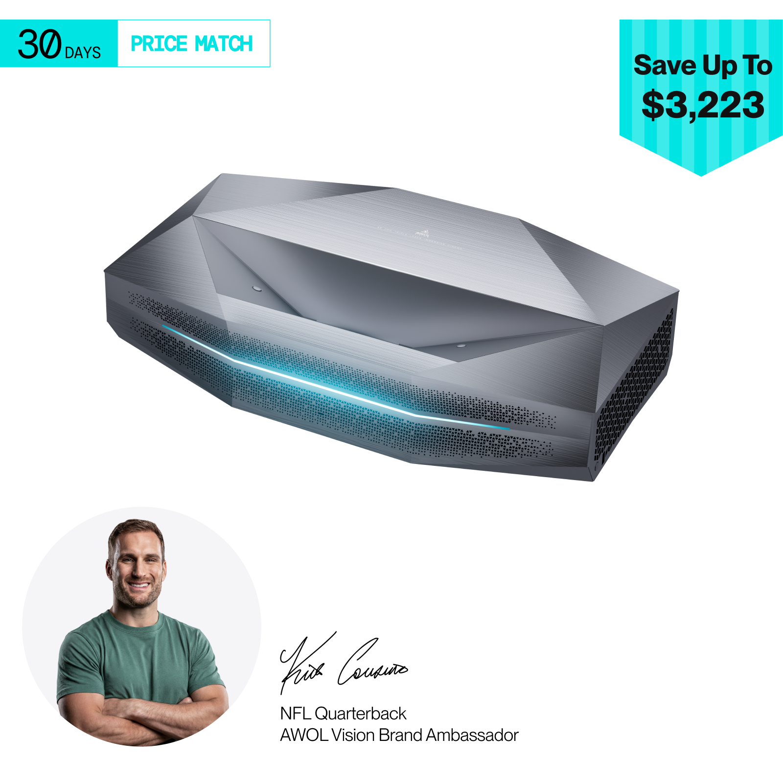 AWOL Aetherion Max proyectando en un salón con pantalla ALR de 100 pulgadas