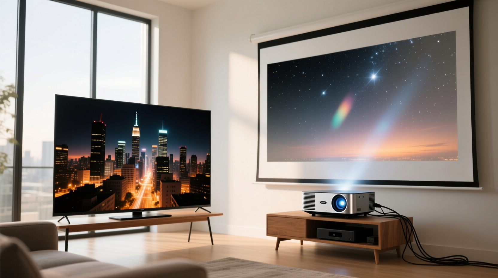 salón con proyector UST y televisor comparando tamaño de pantalla